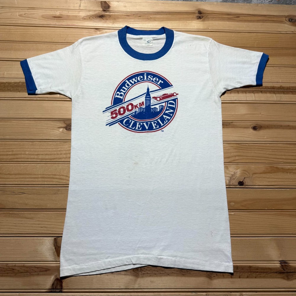 Vintage 80s Budweiser Cleveland 500KM Indy Car Ringer T-Shirt USA Youth Large
