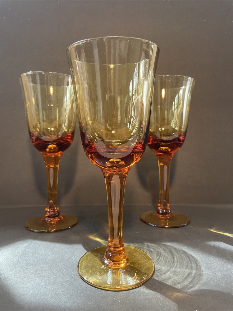 Vintage Wine Glasses Hand blown Amber Tall Goblets 7.5