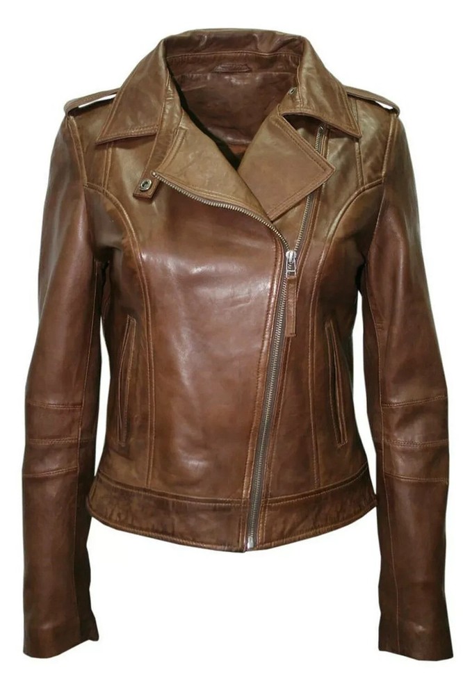 Women's Brown 100% Real Leather Jacket Genuine Soft Lambskin Moto Biker Jacket