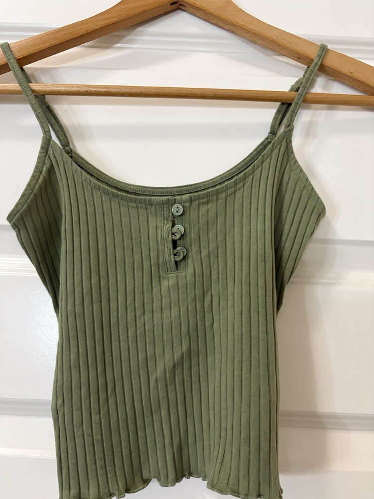 American Eagle Women's Green Solid Ribbed Knit Button Front Cami Tank XS