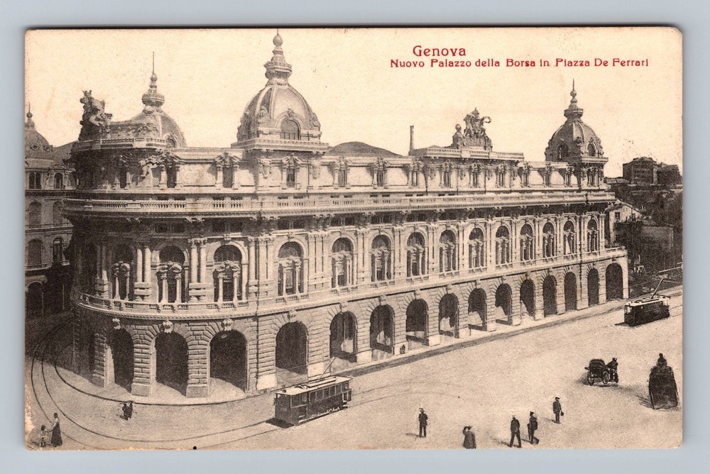 Italy- Genoa Plaza De Ferrari Stock Exchange Building Old Card Vintage Postcard