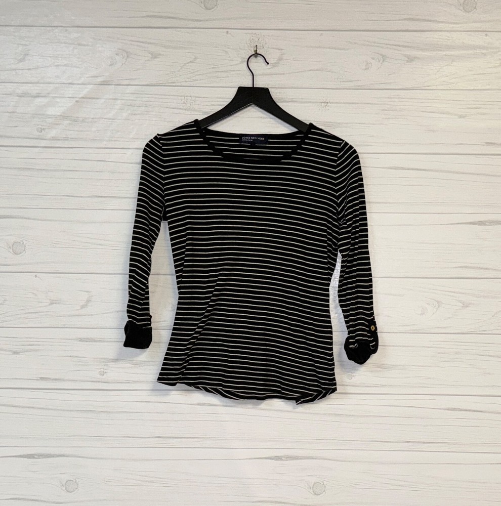 Jones New York Womens Small Black Patterned Long Sleeve Crew Neck T-Shirt