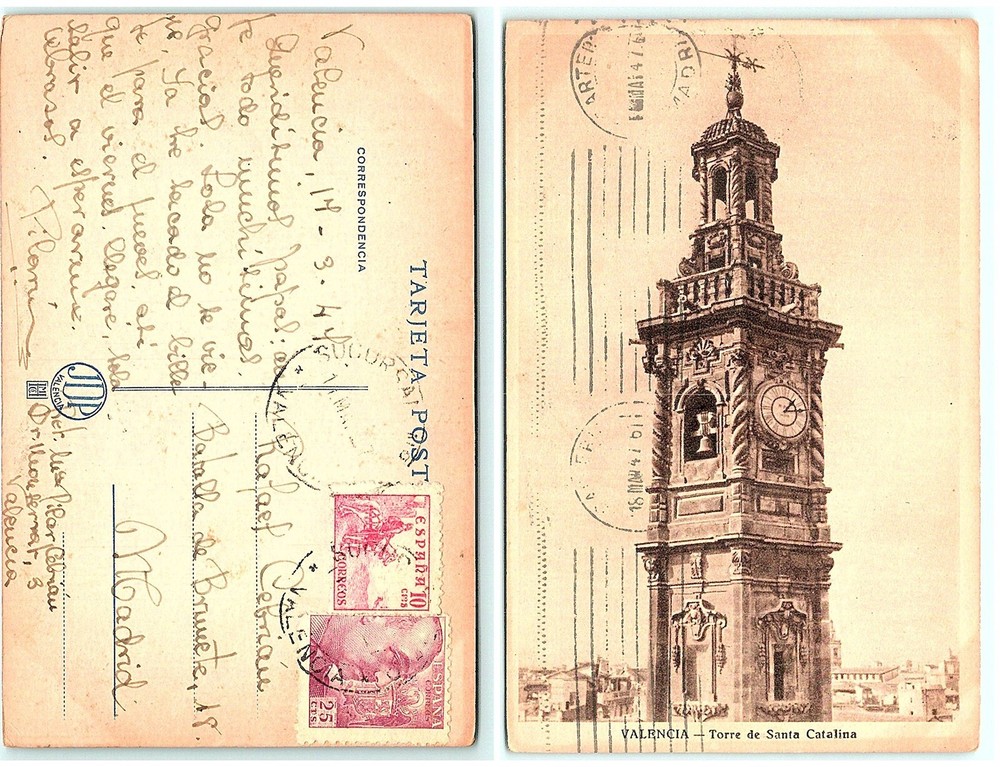 S04-5950, Valencia, Torre De Santa Catalina, Spain 1944 Postmarked, Postcard