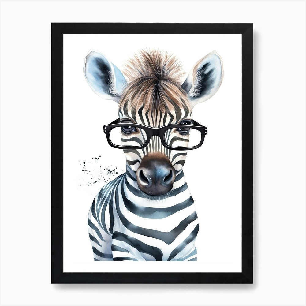 Smart Baby Zebra in Glasses Framed Wall Art Canvas Print  