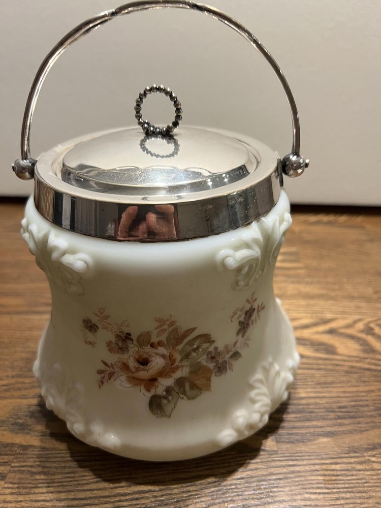 Wavecrest opalescent glass biscuit jar-silver plate lid and handle