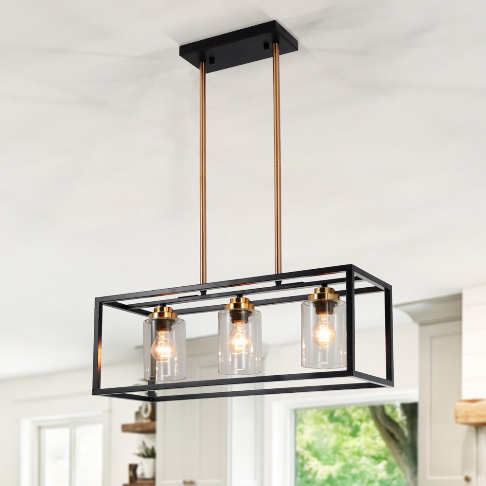 3-Lights Rectangle Chandelier Industrial Pendant Light Linear Cage Ceiling Lamps