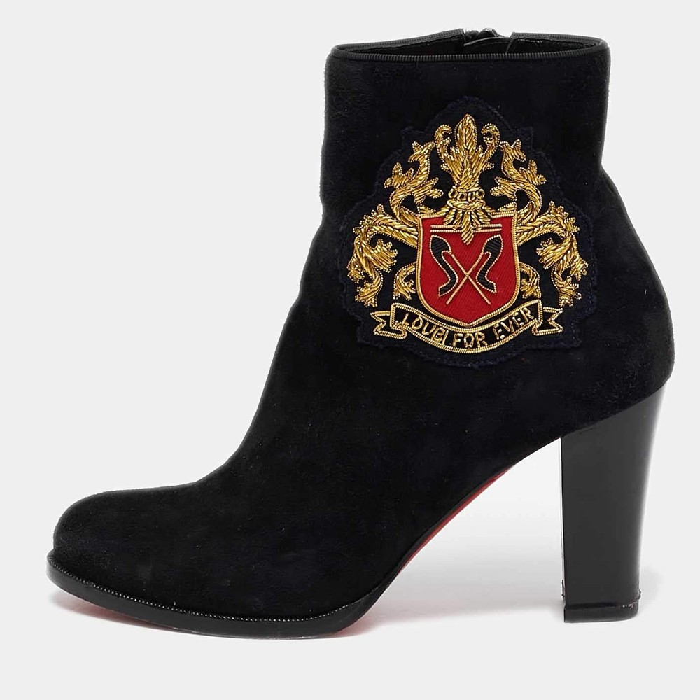 Christian Louboutin Black Suede Embroidered Patch Collegissima Ankle Boots Size