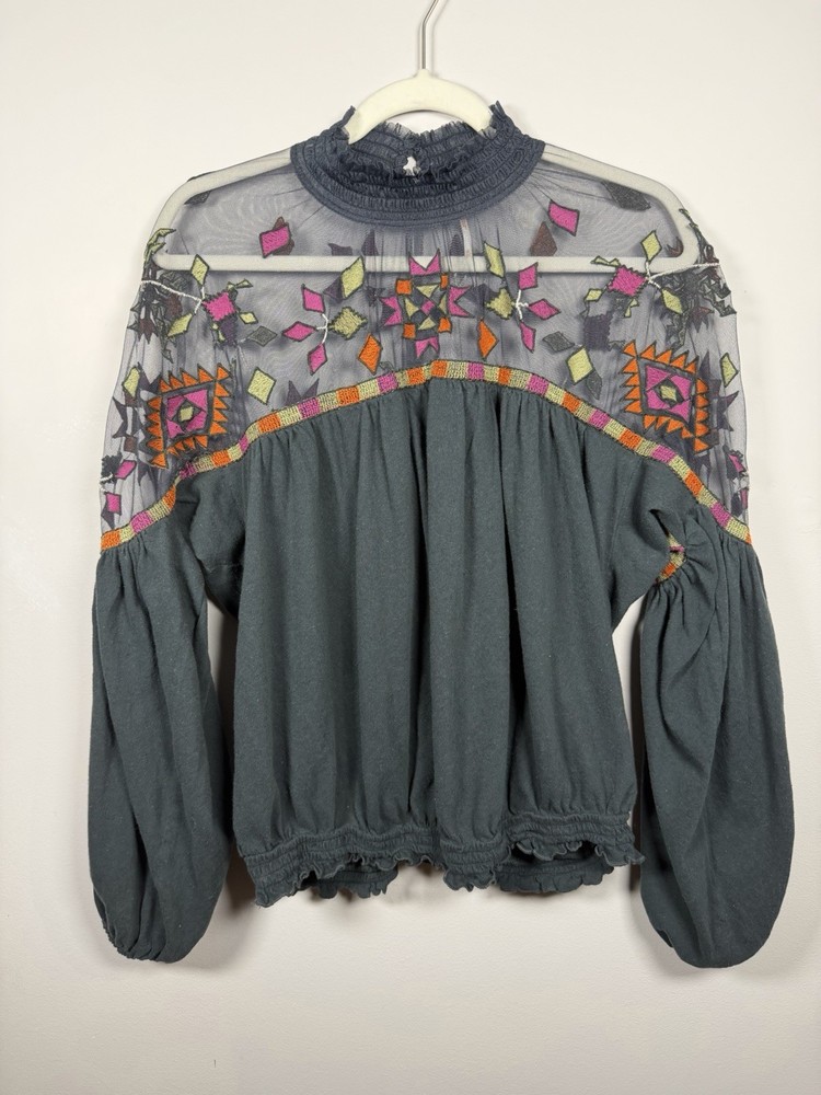 Free People Top Womens XL Dark Green Mock Neck Cutout Tulle Embroidered  Boho