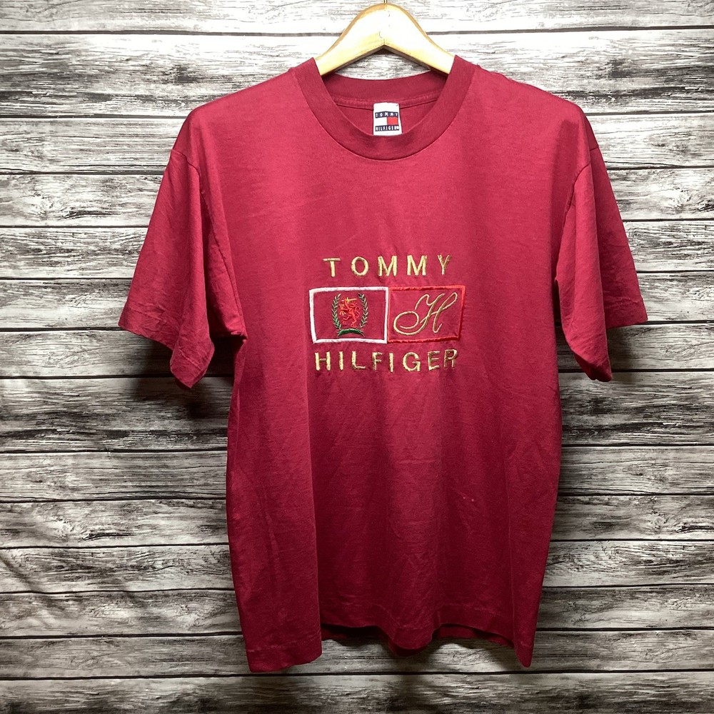 Vintage Tommy Hilfiger Shirt Mens Large Red Embroidered Logo Script Tee USA 90s