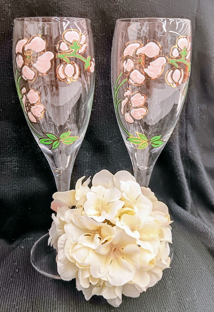 Vintage Perrier Jouet Hand Painted Floral Champagne Flutes, Set Of 2