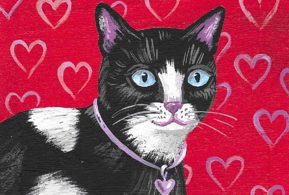 4X6 PRINT OF PAINTING RYTA VALENTINES DAY TUXEDO BLACK CAT HEART GIFT Folk ART