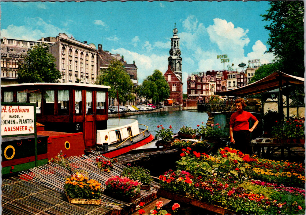 Vintage Postcard Amsterdam Singel Flower Market Holland