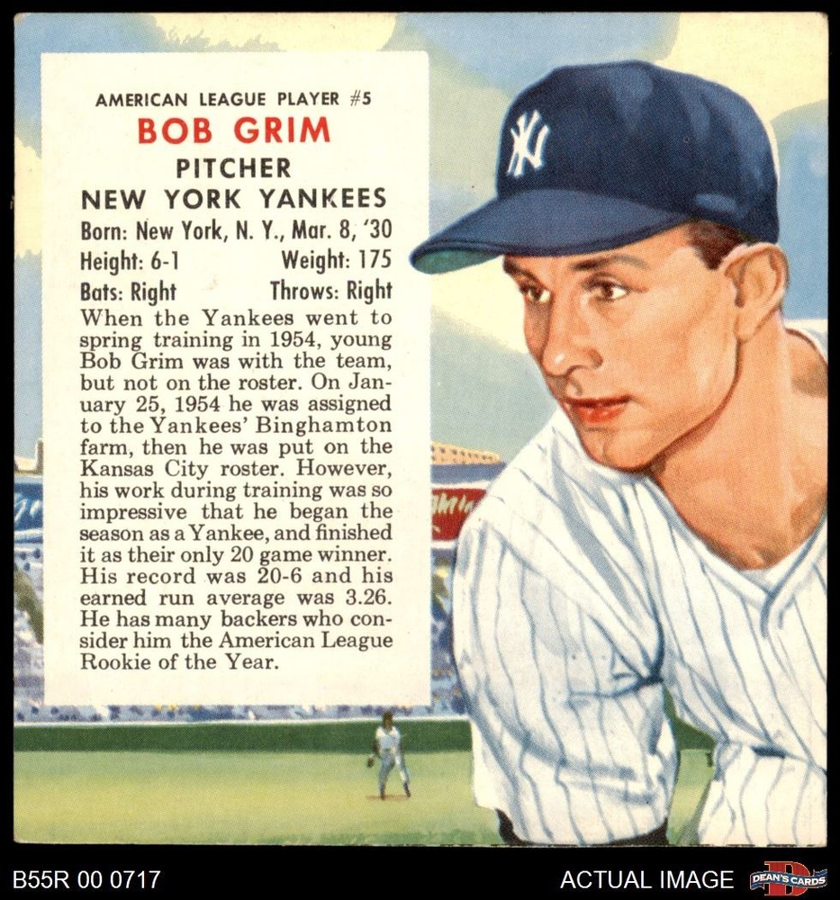 1955 Red Man #5 Bob Grim No Tab Yankees 4 - VG/EX
