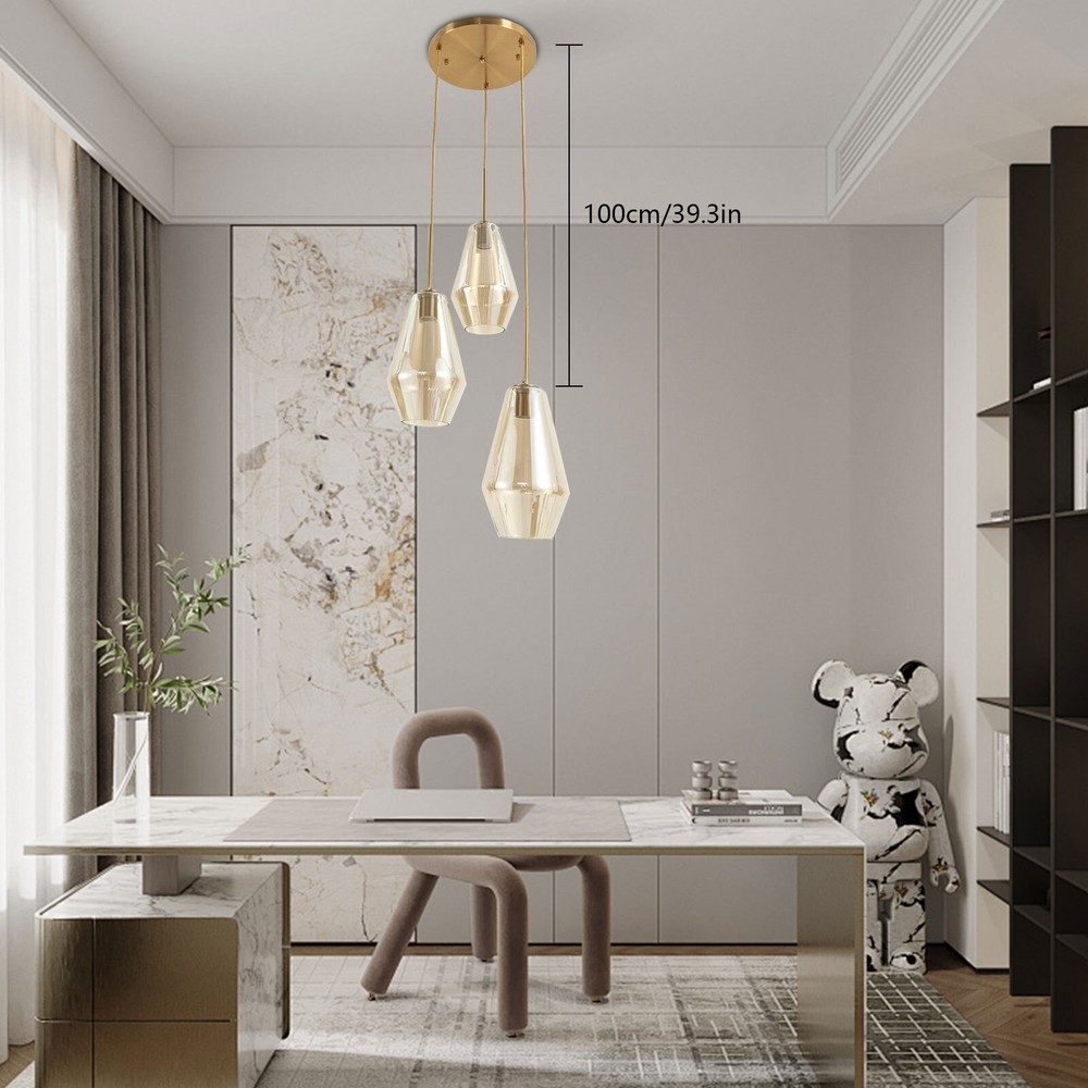 3-Light Modern LED Chandelier in Champagne Gold with Glass Pendant