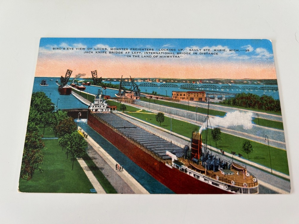 Bird's Eye View of Locks Monster Freighters Sault Ste Marie Michigan Postcard