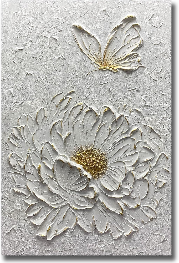 Art,30X45Inch Hand Painted Textured White Flower Oil Painting on Canvas Gold Acr