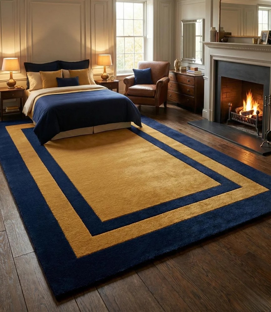 Hand Tufted Blue Border Area Rug, Modern Minimal Carpet, Luxury Living Room Rug