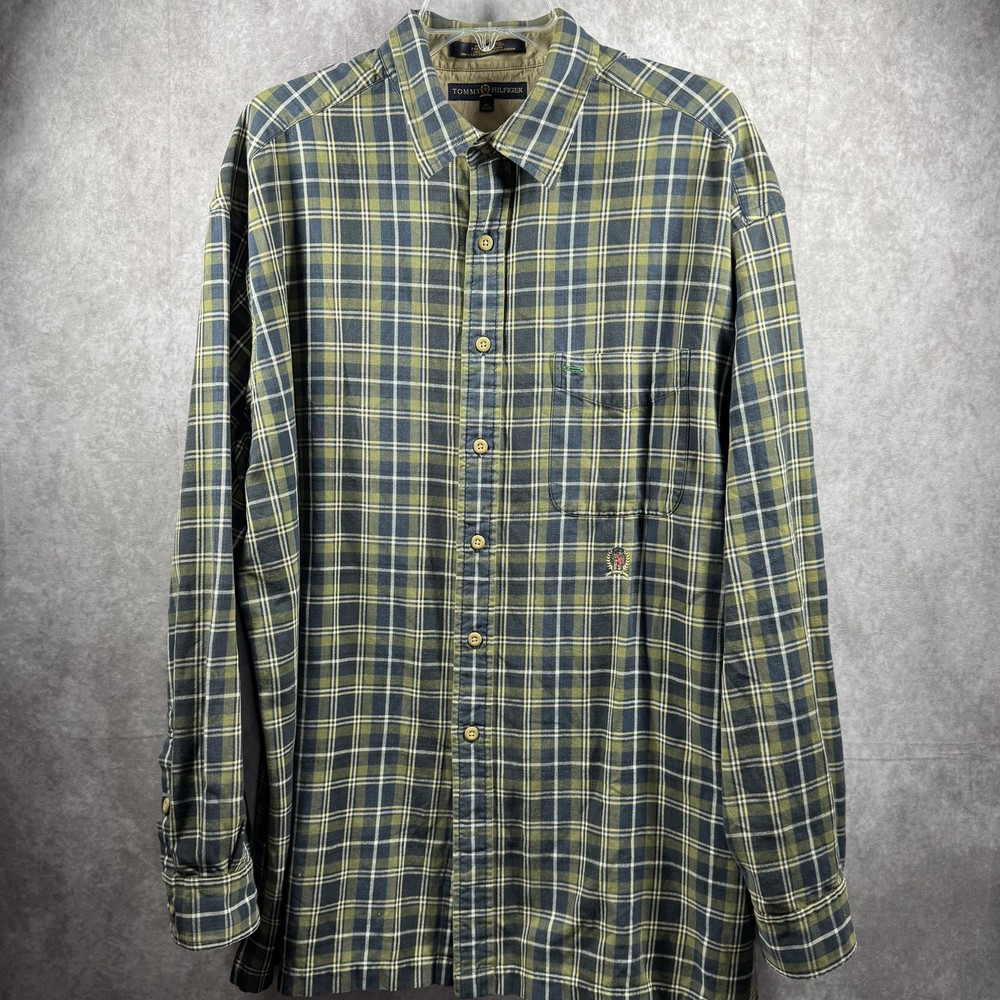 Tommy Hilfiger Shirt Mens XL Blue Green Plaid Button Up Long Sleeve Casual