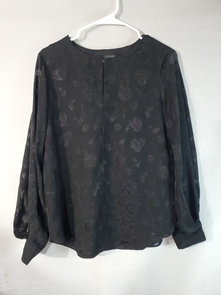 ANN TAYLOR Blouse Women’s Size Small Black Sheer Sleeve Lined Floral