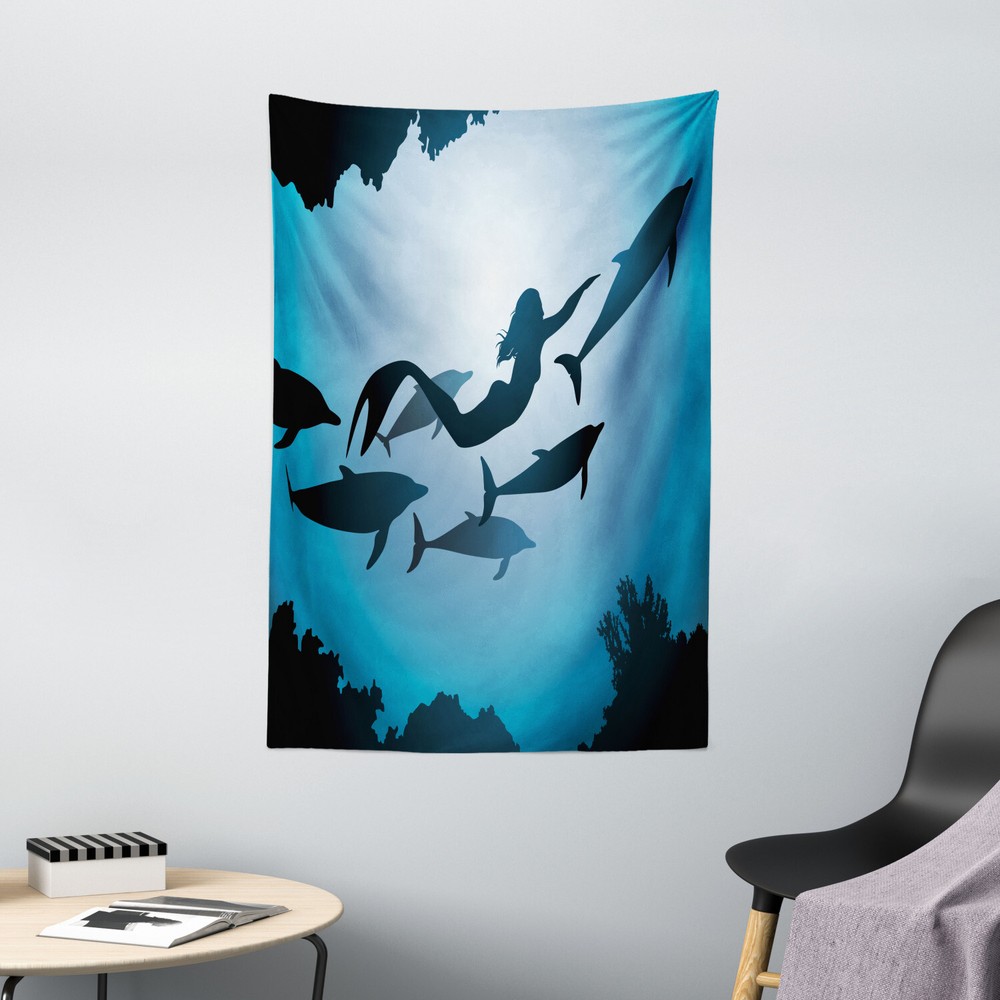 Underwater Tapestry Mermaid and Dolphins Print Wall Hanging Decor