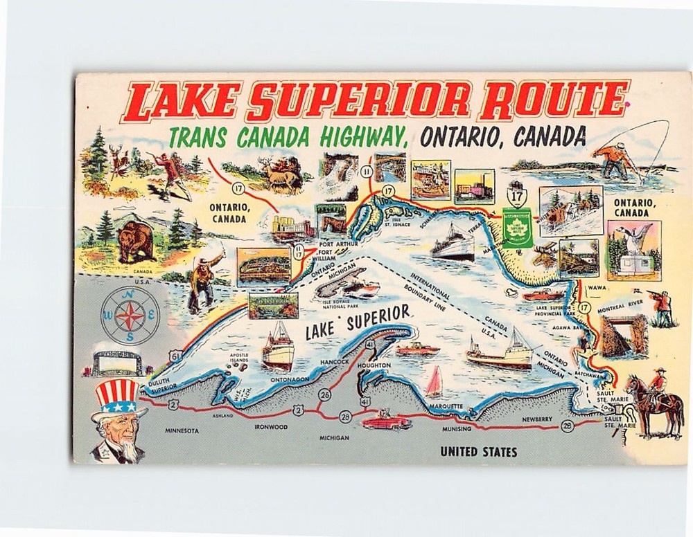Postcard Lake Superior Route Trans Canada Highway Map Ontario Canada