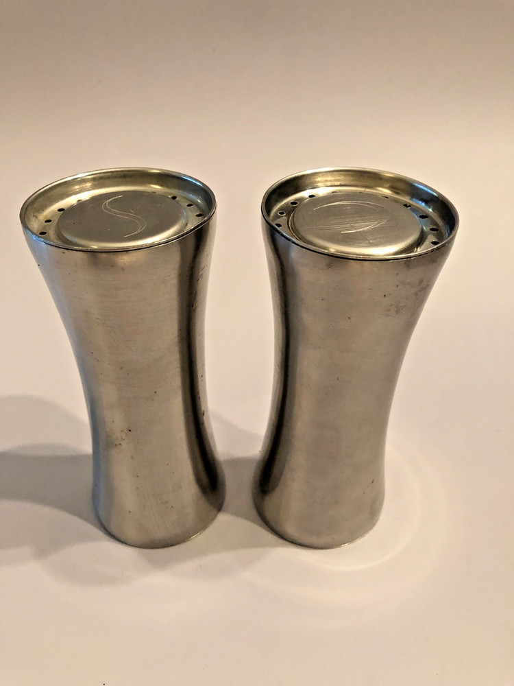 Vintage MCM Stainless Steel Foley Salt & Pepper Shakers 4.5”