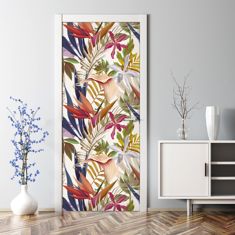 Tropical Watercolor Plants Bubble-Free Self-Adhesive Door Sticker