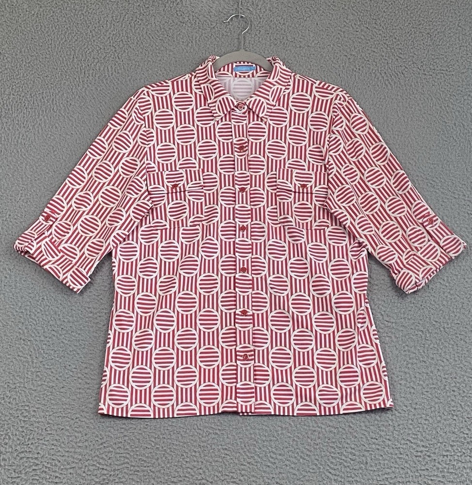 J. McLaughlin Brynn Catalina Cloth Shirt Red White Geo Button Front Roll Tab L
