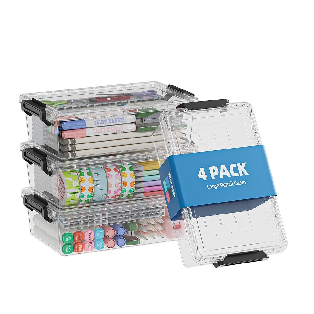 4 Pack Extra Large Pencil Box, Plastic Pencil Case Organizer, Clear Crayon Bo...