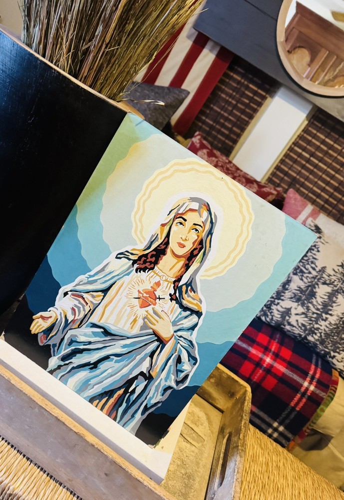 Vintage MCM 1960's Religious Paint by Numbers Virgin Mary Holy Artwork 16x12