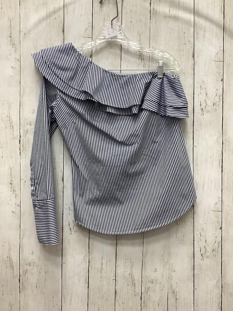 Banana Republic Blue/White Vertical Striped One Shoulder Ruffle Blouse, Size XS