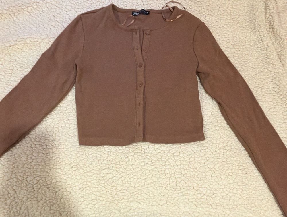 Zara Brown Ribbed Knit Button Front Long Sleeve Round Neck Cardigan Sweater S