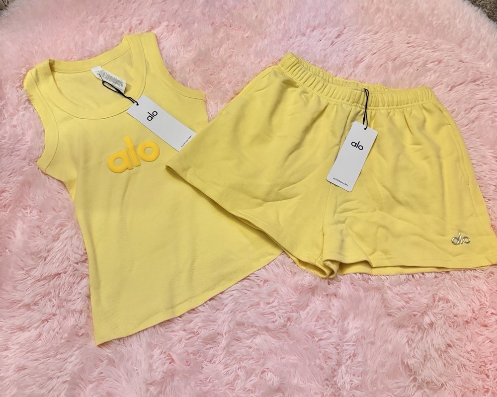 Alo Yellow 2-Piece Knit Cotton Outfit Set Tank Top size S  & Shorts Size M
