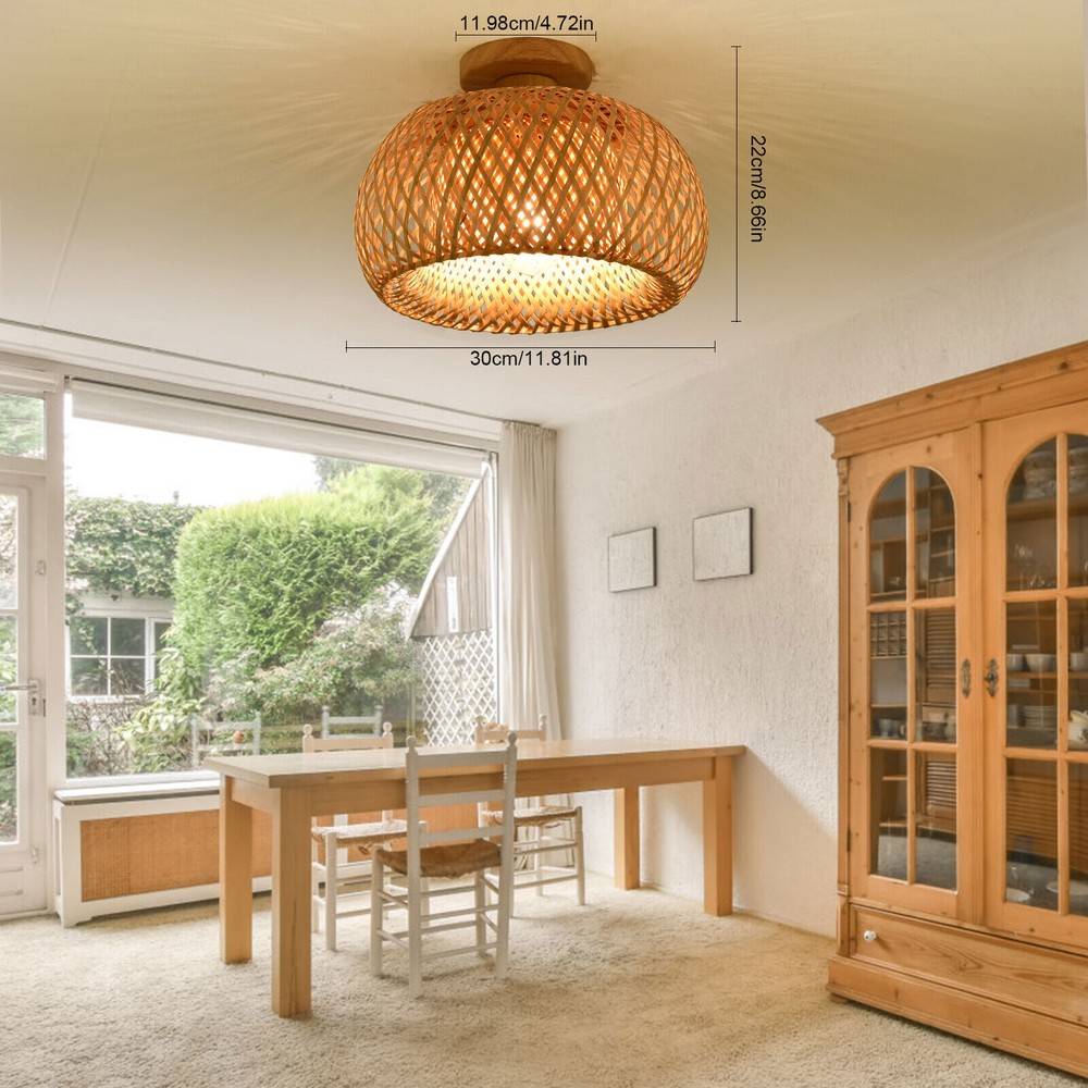 Vintage Bamboo Wicker Rattan Lantern Ceiling Light Fixture Semi Flush Mount Lamp