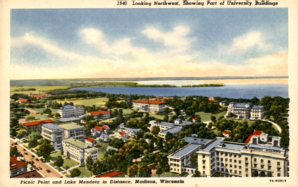University Buildings and Lake Mendota, Madison, 1940 Postcard