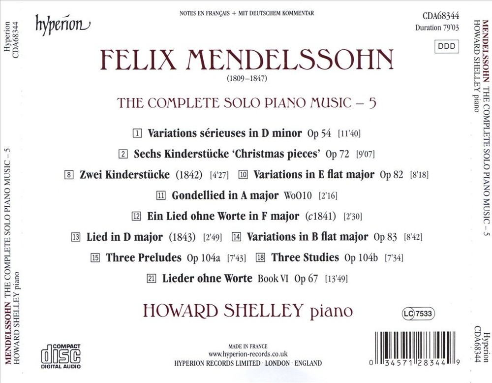 Howard Shelley Mendelssohn: The Complete Solo Piano Music, Vol. 5 New Cd