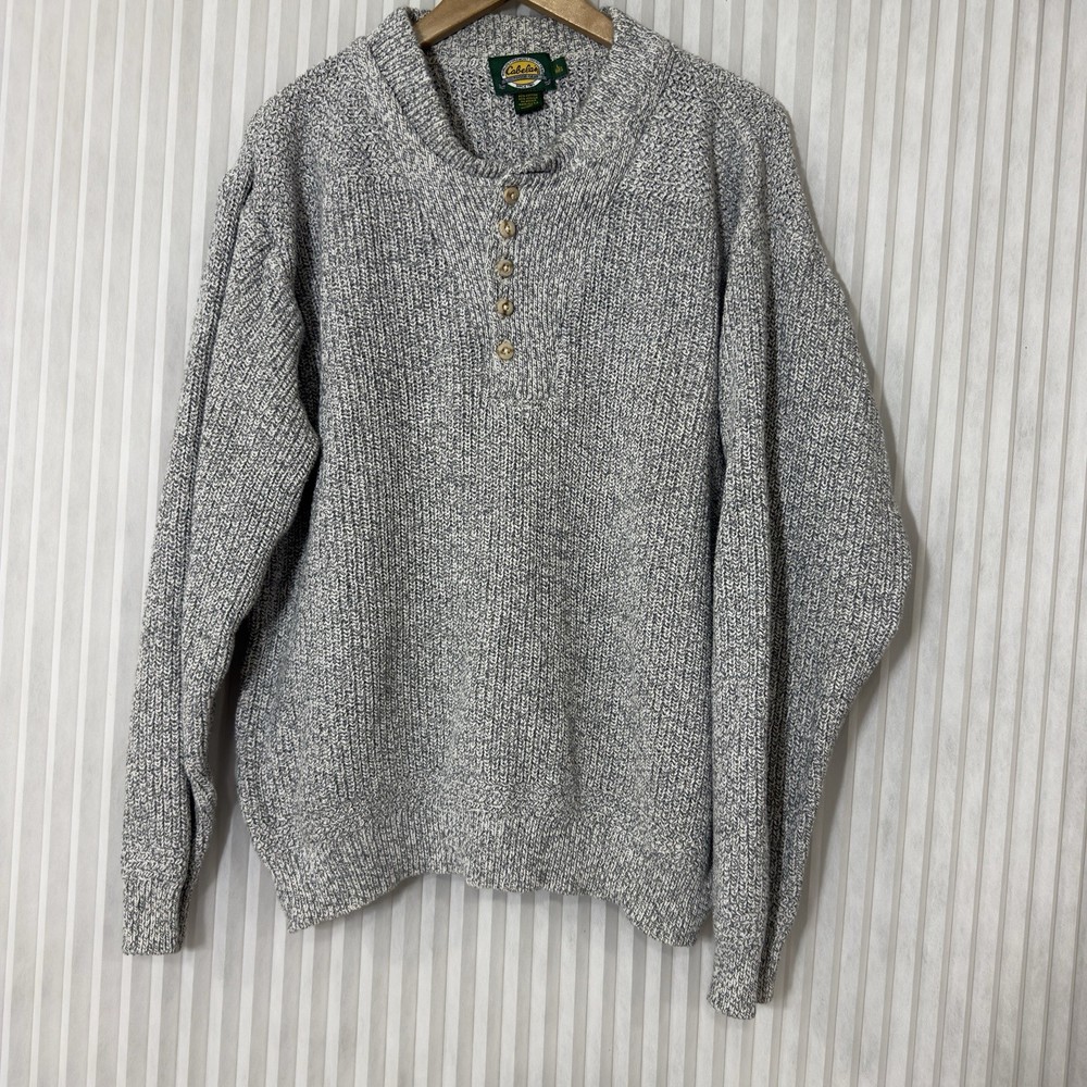 Cabela's 1/4 Button Henley Heavy Chunky Knit 100% Cotton Sweater Men's L