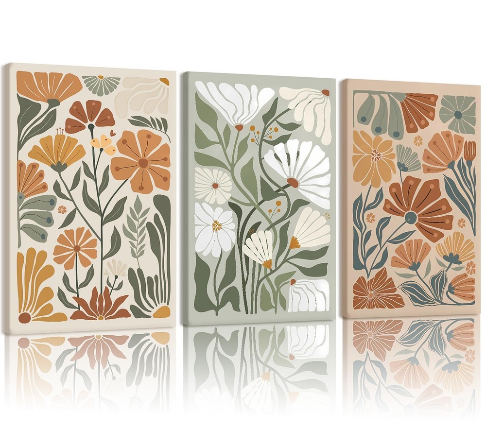 3 pcs Framed Bohemian Wildflower wall art, Abstract Floral Canvas Print Green...