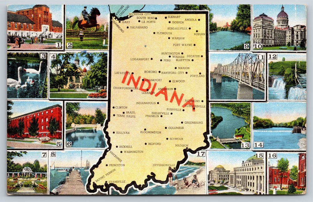 Indiana State Map~Cities Shown~Multi-Views~Key To Views On Back~Vintage Linen PC