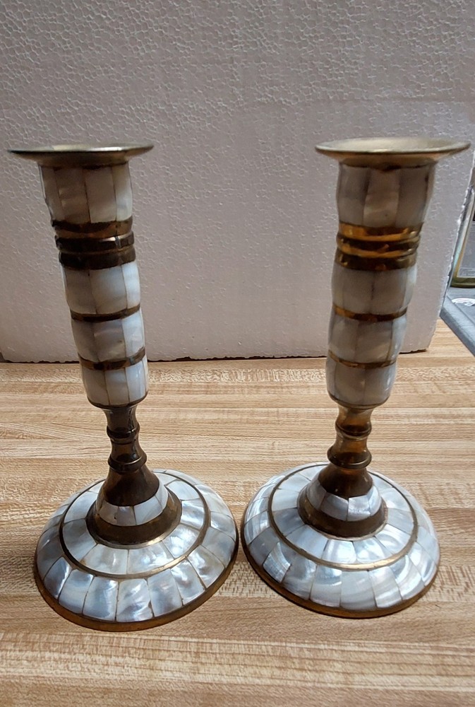 Vintage brass mother-of-pearl candle holder