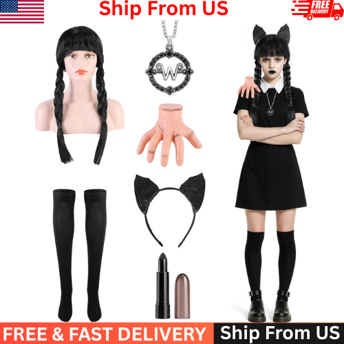 Wednesday Addams 6 Pcs Halloween Black Braided Wig Cosplay Accessories Include