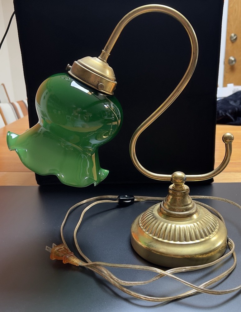Vintage Brass & Green Glass Tulip Gooseneck Lamp