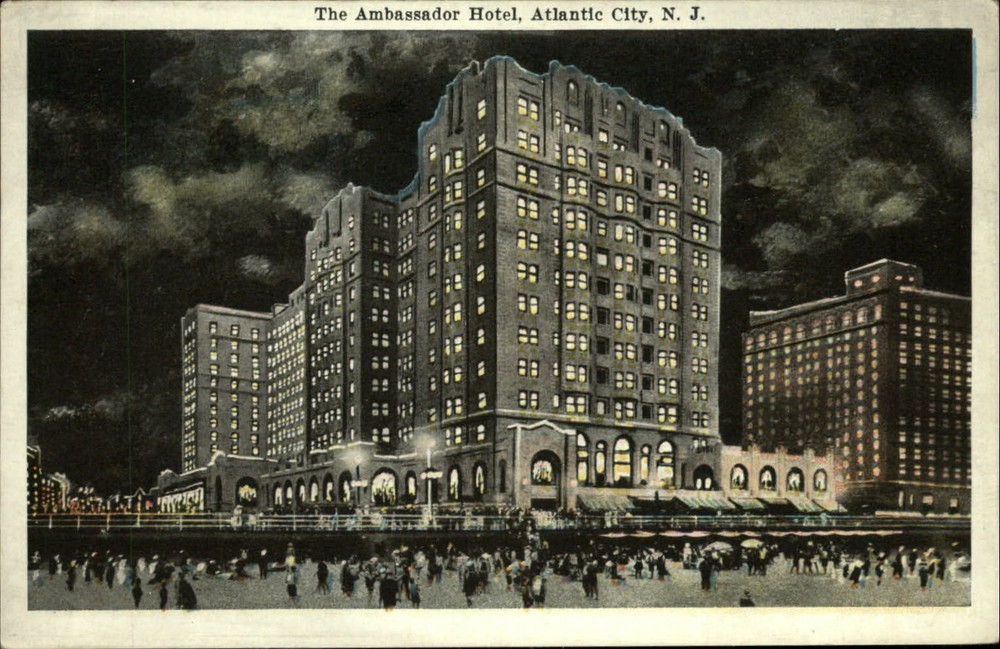 Ambassador Hotel Atlantic City New Jersey at night ~ 1920s postcard