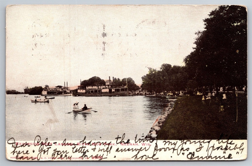Excursion Boat Landing River Side Park Neenah WI C1907 UDB Postcard AB10