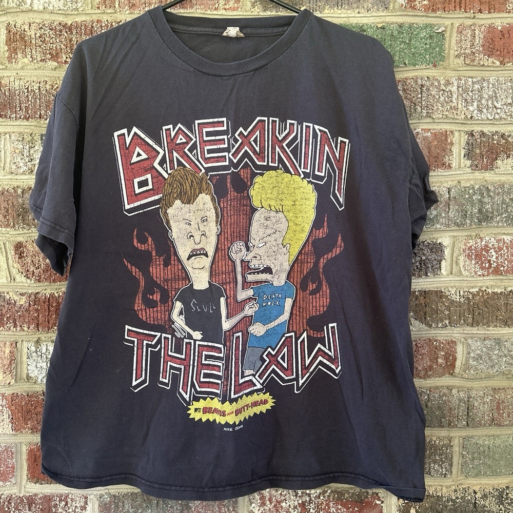 Vintage 90s Beavis and Butt-Head Breakin The Law Graphic T-Shirt Black M/L