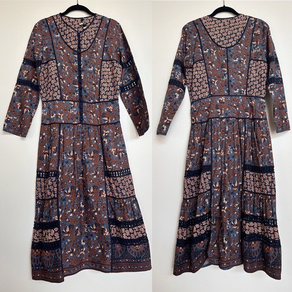 Sea New York 100% Cotton Brown Blue Printed Midi Dress Size 6