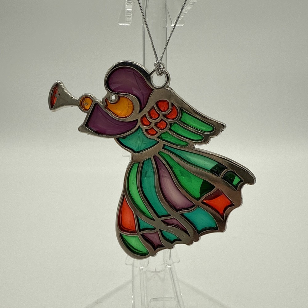 VTG Russ Berrie Christmas Ornament Faux Stained Glass Sun Catcher Angel & Horn