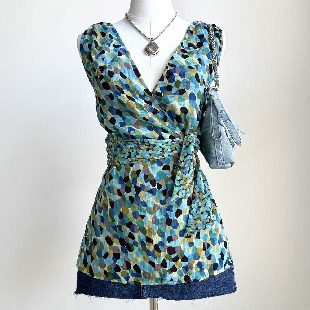 Elementz Blouse XL Blue Green Geometric True Wrap Tie Waist Sleeveless Career