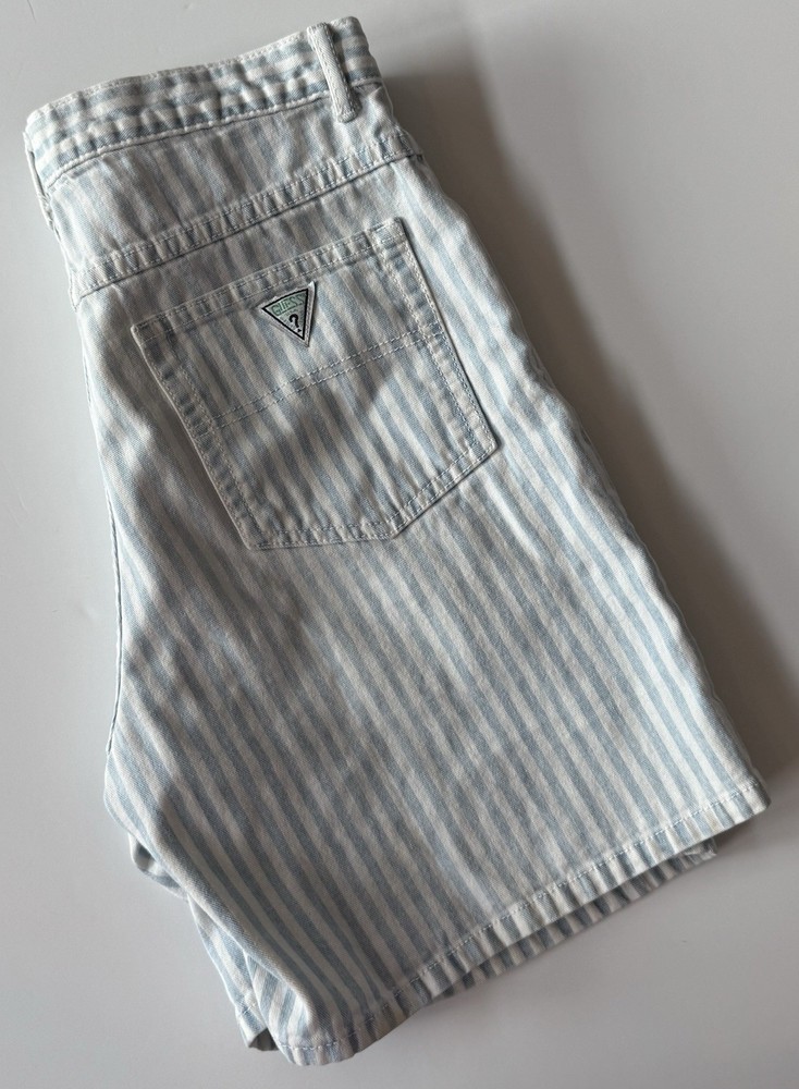 Vintage Guess Jeans Men’s 32 Denim Stripes Shorts Blue White Button Fly 90s