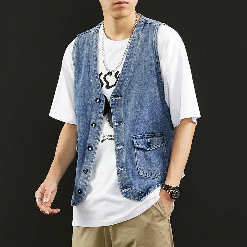 Mens V-neck Denim Vest With Casual Pockets